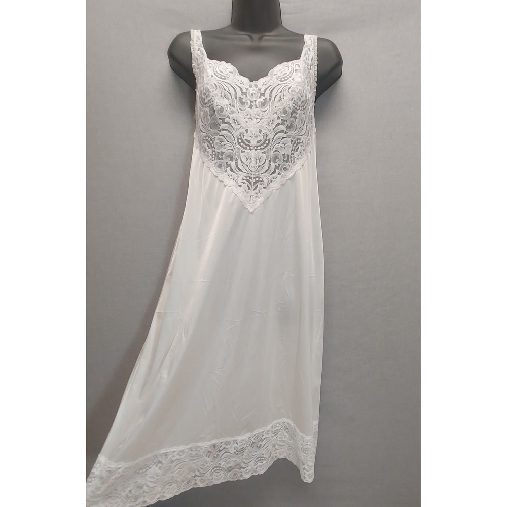 Vtg Vanity Fair Lace Full Slip Dress Sz 38 Ivory Chemise Romantic Lingerie Midi